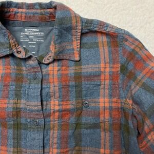 REI Cooperative Flannel Shirt Womens Small Blue Orange Plaid Button Up Outdoor